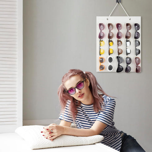 PACMAXI Sunglasses Storage Organizer, Wall Pocket Mounted by Sunglasses, Hanging Eyeglasses Storage Holder, Eyewear Display. (Ivory white, 15 Slot...