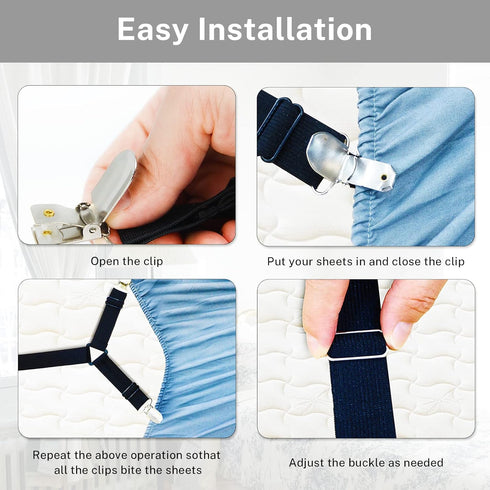 Bed Sheet Clips, 6 pcs Black Fitted Sheet Holder Straps, Upgraded Triangle Bed Sheet Fasteners for Corners, Elastic Adjustable Bed Sheet Straps fo...