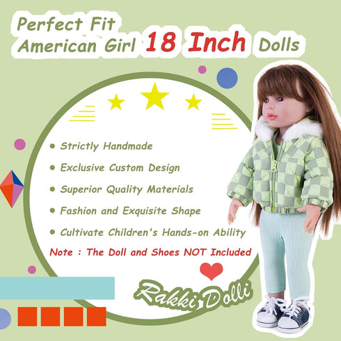 Doll Clothes 3 Pc. Set Light Green Grey Plaid Hooded Thick Coat Checkerboard Jacket with Long Sleeve, Warm Doll Outfit Hoodie Snowsuit Fits for 18...