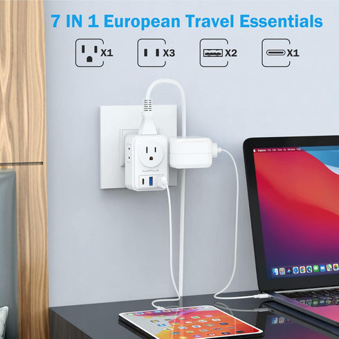 2 Pack European Travel Plug Adapter with USB C, US to Europe Power Adapters with 4 AC Outlets, 3 USB Charging Ports, International Plug Adapter, 7...