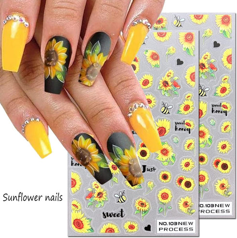5 Sheets Flower Nail Art Stickers Decals, 5D Sunflower Nail Stickers for Nail Art,3D Self-Adhesive Engraved Nail Art Supplies Yellow Floral Small ...