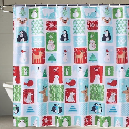 Christmas Holiday Cheer Fabric Shower Curtain, Winter Theme with Snowmen Penguins Polar Bears Deer 70x70 inch...