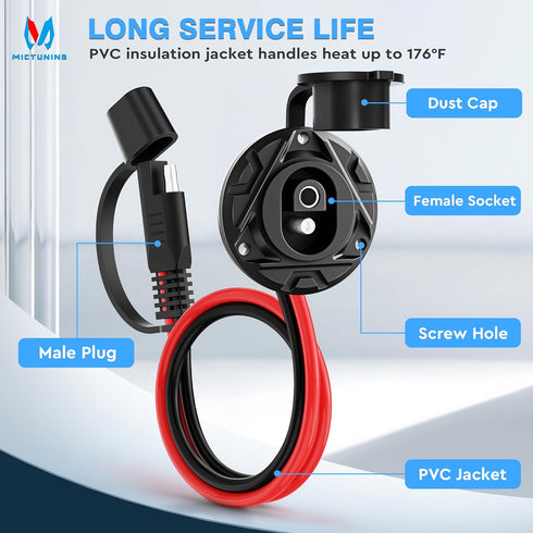 MICTUNING 1FT 14 AWG SAE Socket Sidewall Port to Male Plug 12V-24V Power Cord Quick Connector Extension Cable Harness, Waterproof Dust Cap, for Au...