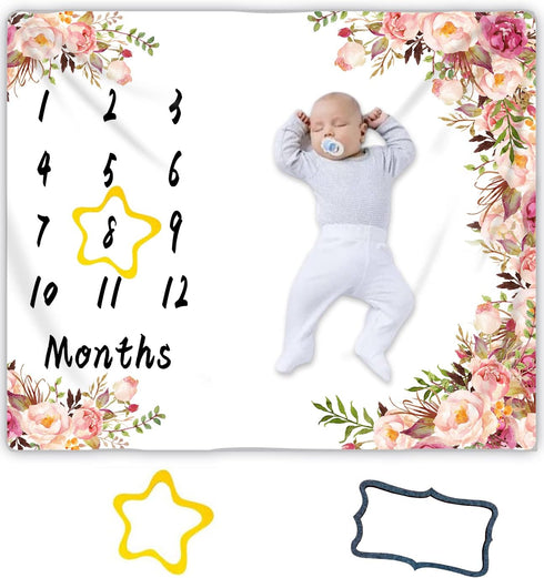 Milestone Blanket,Baby Milestone Blanket Girl Boy,Floral Print Large Baby Blankets for Girls and Boys Newborn Photography Premium Fleece Baby Mont...