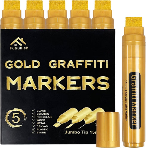 5 Golden Acrylic Paint Marker Pens, 15mm Jumbo Felt Tip, Acrylic Paint Markers for Rock Painting, Stone, Ceramic, Glass, Wood, Canvas, DIY Crafts ...