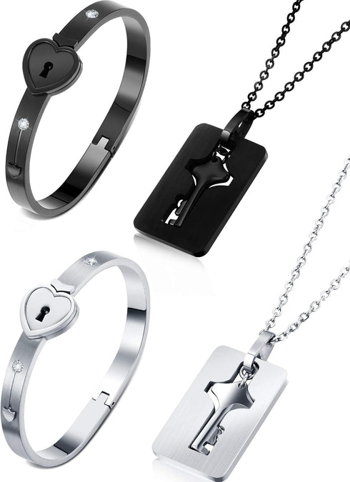 Hicarer 2 Sets Couple Heart Charm Lock Bracelet and Key Necklace Lock Matching Bangle Titanium Steel Couples Jewelry Set for Valentine's Day Weddi...