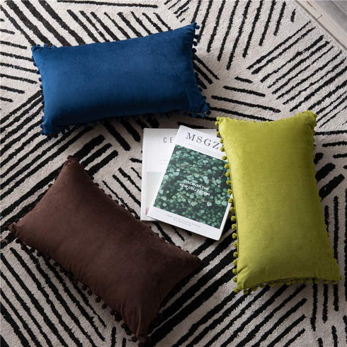 DEZENE Couch Pillow Cases 12x20 Chartreuse: 2 Pack Cozy Soft Pom-poms Velvet Rectangular Throw Pillow Covers for Farmhouse Home Decor...