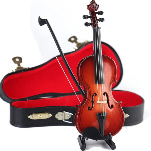 Dselvgvu Wooden Miniature Violin with Stand,Bow and Case Mini Musical Instrument Miniature Dollhouse Model Ornament Home Decoration (5.63"x2.05"x0...