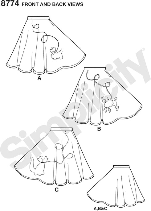Simplicity 8774 Girl's 1950's Vintage Rockabilly Poodle Skirt Sewing Pattern, Sizes 7-14...