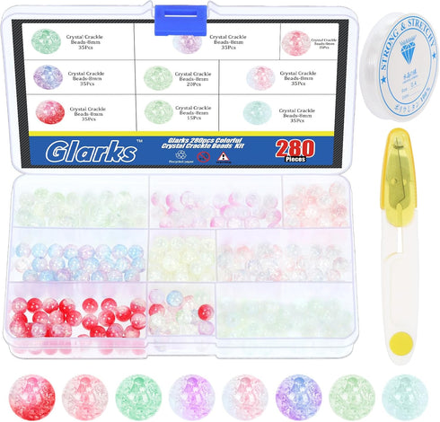 Glarks 282Pcs 8 Color 8mm Acrylic Crystal Beads with Elastic String and Scissors Kit, Handcrafted Round Spacer Beads Crackle Glass Beads for Brace...