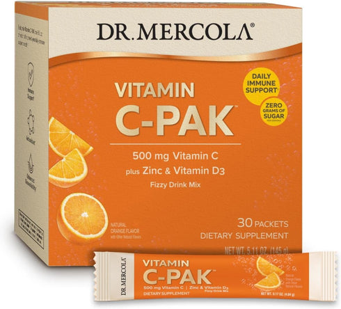 Dr. Mercola Vitamin C-PAK, 30 Servings (30 Packets), Fizzy Drink Mix, 500 mg Vitamin C, with Zinc and Vitamin D3, Natural Orange Flavor, Dietary S...