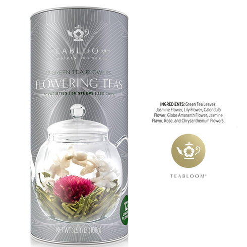 Teabloom Flowering Tea - 12 Unique Varieties of Blooming Tea Flowers - Hand-Tied Green Tea Leaves & Edible Flowers - 12-Pack Gift Canister...