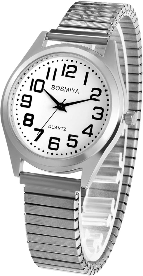 JewelryWe Mens Big Dial Easy Reader Quartz Watch, Gold/Silver Tone Elastic Band Wristwatch for Valentine’s Day...