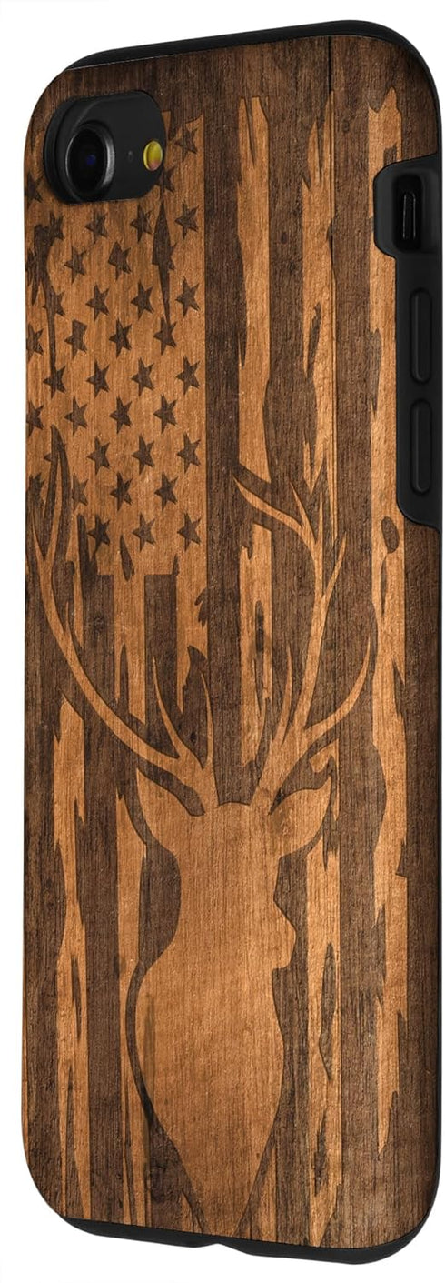 iPhone SE (2020) / 7 / 8 Deer Buck with Flag on Wood-like Background Case...
