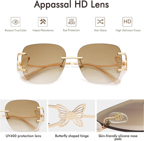 Oversized Rimless Sunglasses for Women Men Square Butterfly Y2k Sun Glasses AP3678...