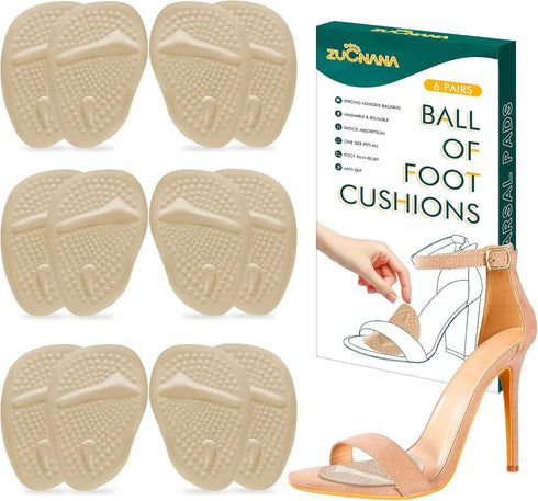 Ball of Foot Cushions (Beige) | Metatarsal Pads for Women (6 Pairs Foot Pads) | Reusable Shoe Inserts for Pain Relief | Non-Slip Heel Cushion Inse...