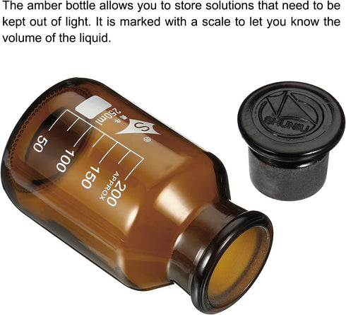 PATIKIL 250mL Reagent Media Bottle, 1Pcs Round 3.3 Borosilicate Glass Graduated Storage Bottle with Amber Cap for Chemistry Lab Universities Home,...