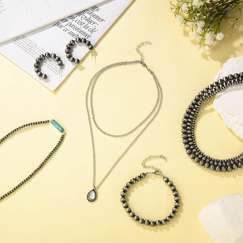 Kigeli 5 Pcs Navajo Pearl Jewelry Set Navajo Pearl Necklace Earring and Bracelets Vintage Multilayer Pearl Necklace Western Style Choker Silver Dr...