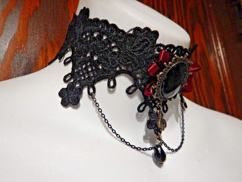 Queen of Spades Wide lace Black Burgundy Bronze Choker Gothic Victorian Necklace XS Collar...