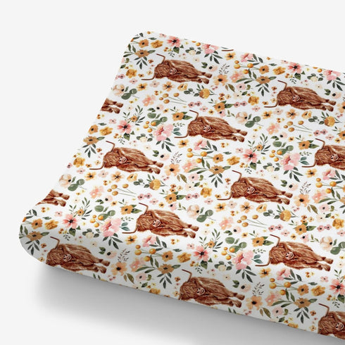 Highland Cow Boho Floral Changing Pad Cover for Baby Girls, Western Farm Animal Retro Flower Diaper Change Table Covers, Soft Stretchy Safe Snug F...