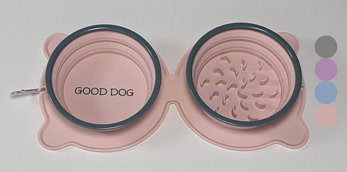 Good Dog Collapsible Double Dog Bowls, Durable Reinforced Rims, Travel Food and Water Bowls, Collapsible Slow Feeder Bowl, Attached No-Spill and A...