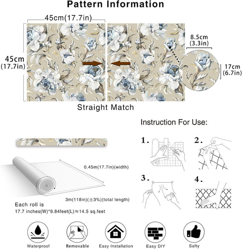 HAOKHOME 94030-2 Vintage Damask Wallpaper Peel and Stick Floral Removable Wall Paper Tan/Cream/Blue for Bedroom Contact Paper 17.7in x 9.8ft...