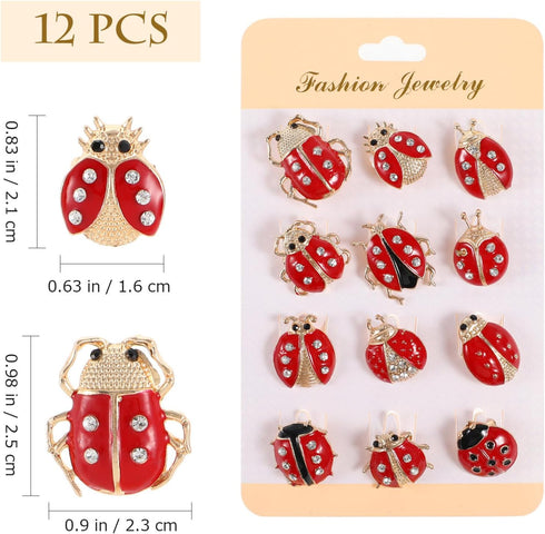 12Pcs Ladybug Brooch Pins Small Rhinestone Ladybug Lapel Pins Bling Clothing Decorations for Shirts Dress Backpack Jacket Hat, Red...