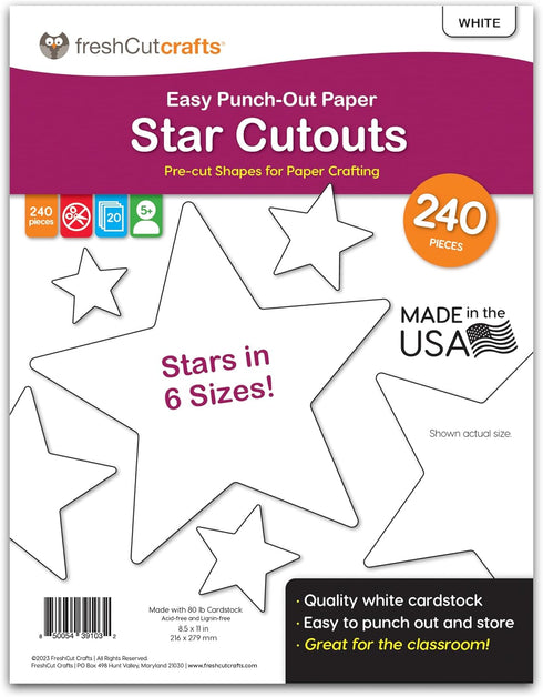240 Pieces Star Cutouts, 2-Sided US Made Card Stock Punch Out White Stars for Bulletin Boards, Classroom Decor, Back to School DIY Craft Projects,...