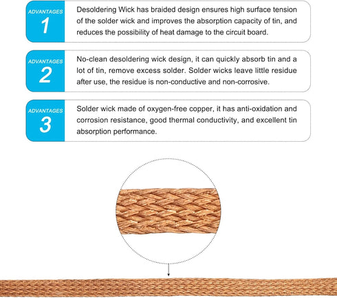 MECCANIXITY Solder Wick Braid No-Clean Desoldering Wick Braid 0.14 Inch Width 9.84 Feet Length for Remove the Solder Electrical Components 1 Pack...