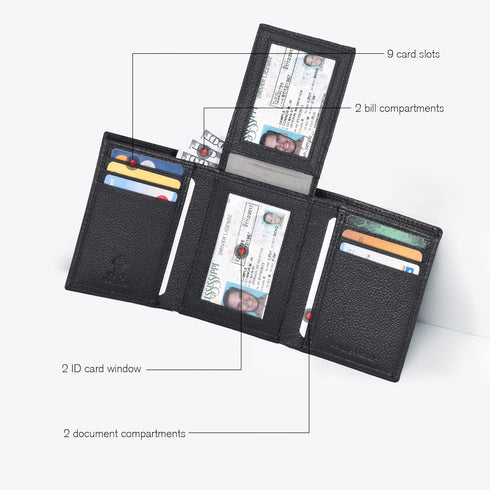 ESTALON Leather Trifold Wallet For Men with RFID Blocking - Men's Trifold Wallet with 9 Credit Card Slots 2 ID Window - Gifts For Men, Him (Black ...