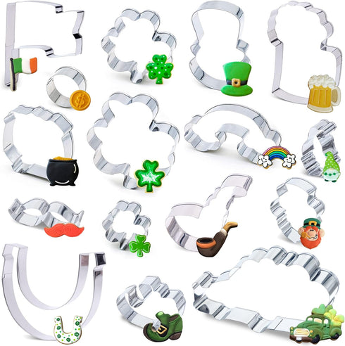 16PCS St.Patrick's Day Cookie Cutter Set Irish Party Supplies - Shamrock Leprechaun Coin Rainbow Beer Flag Horseshoe Design...
