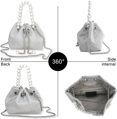 Evening Bucket Handbag for Women Sparkly Rhinestone Pearl Clutch Silver Purse for Party Club Wedding Cocktail Prom...