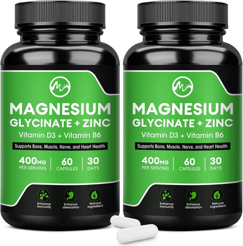 (2 Pack) Magnesium Glycinate Capsules, Magnesium Supplement 400mg with Zinc,Vitamin D3 & B6 - Highly Bioavailable and Absorption - Bone,Heart,Join...