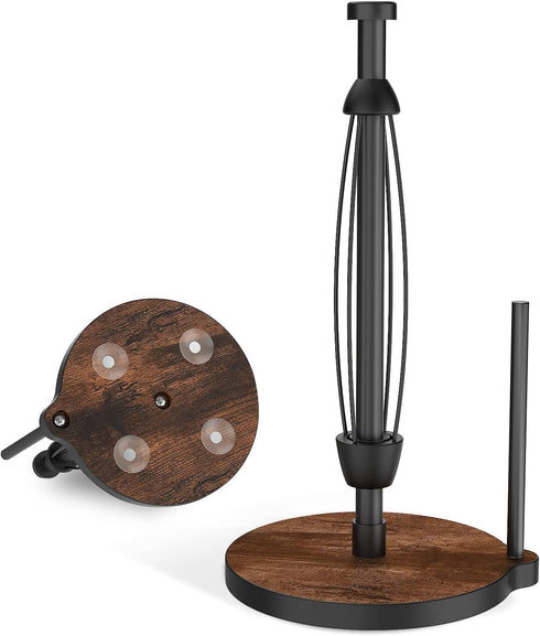 VEHHE Paper Towel Holder Countertop, One-Handed Tearing Wood Paper Towel Holder Farmhouse with Ratchet System and Suction Cups, Stainless Steel Pa...