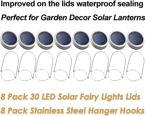 Mason Jar Solar Lantern Lights, 8 Pack 30 LED Bulbs Fairy Star Firefly Solar Lids Jar Lights,8 Hangers Included(No Jars),for Patio Garden Mason Ja...