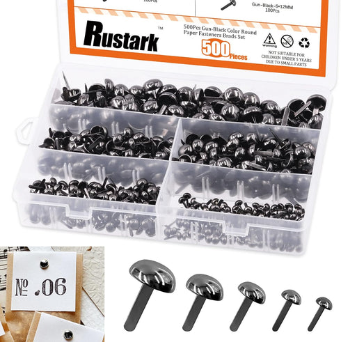 Rustark 500PCS 5 Sizes Black Paper Fasteners Round Brads Fasteners Assortment Kit Mushroom Head Paper Fasteners Brass Metal Brads Scrapbooking Dec...