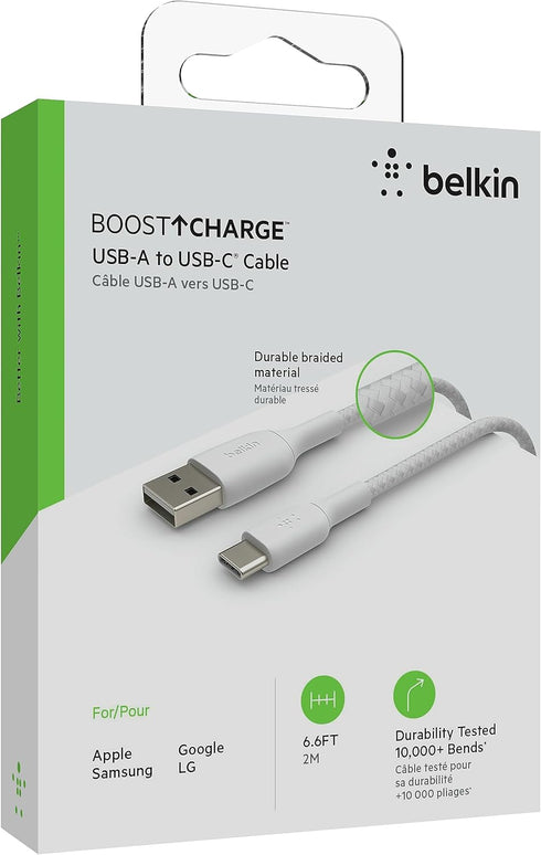 Belkin BoostCharge Braided USB-C Cable (2M/6.6ft), USB-C to USB-A Cable, USB Type-C Cable for iPhone 15 Series, Samsung Galaxy S24, Note20, Pixel ...
