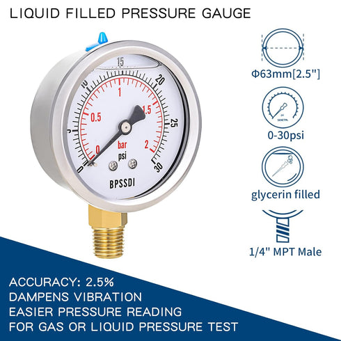 0-30 Psi Pressure Gauge, Glycerin Filled, Water Pressure Gauge, 2-1/2" Dial,1/4"NPT Lower Mount, Stainless Steel Case, for Pneumatic Regulator Air...