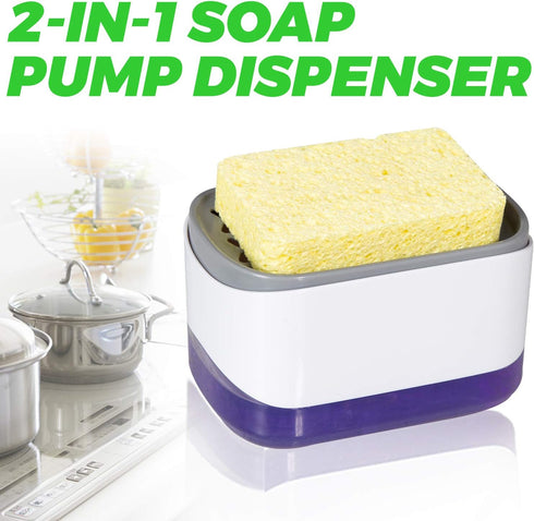 Dish Soap Dispenser for Kitchen, Soap Dispenser and Sponge Holder, Countertop Soap Pump Dispenser, 2-in-1 Soap Dispenser-One Hand Soap Pump Dispen...