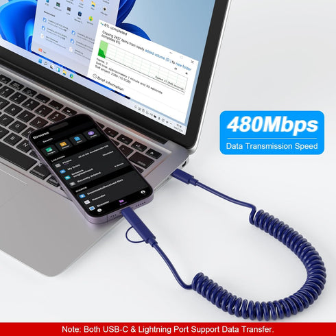 Coiled USB C to USB C and Lightning Cable 2 in 1 - Curly USB C Cable Car Charger Cord Android Auto Apple Carplay Cable [60W Fast Charging & Data S...