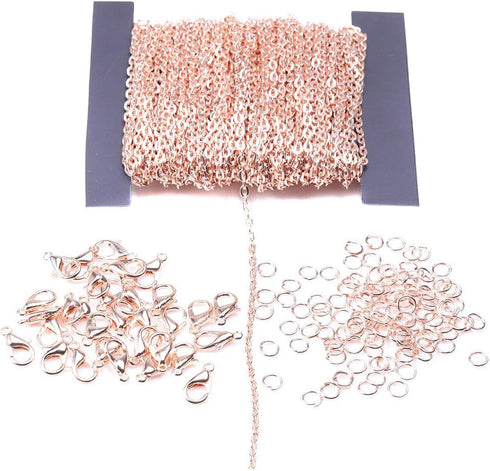 39Ft Flat Iron Twisted Cross Chain - 2x3mm Cable Link Chain with 100 Pcs Open Jump Rings and 30 Pcs Lobster Clasps for DIY Jewelry Chains Making B...