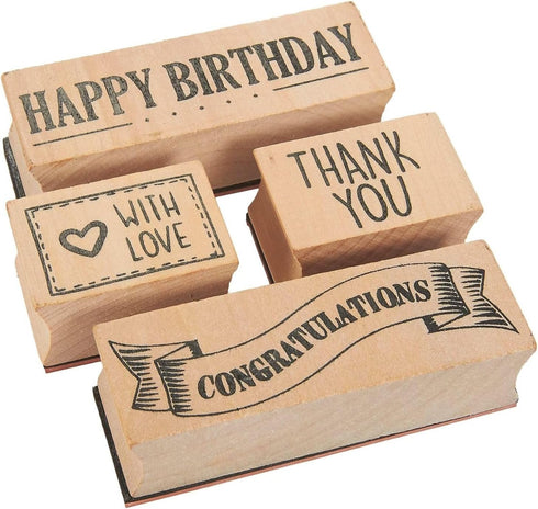 Juvale 4-Piece Rubber Stamps for Card Making - Brown Wood Blocks 3 x 1 in & 1.5 x 1 in - Includes Happy Birthday, Thank You, Congratulations & wit...
