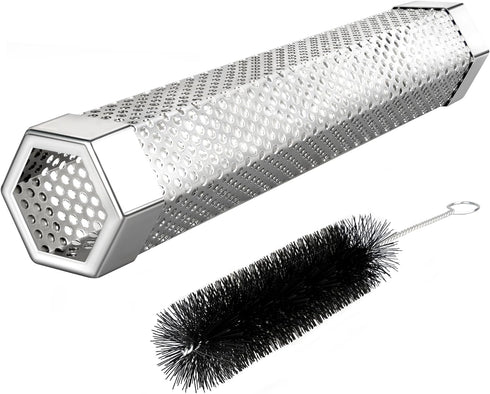 Pellet Smoker Tube, 12'' Smoker Tube with Brush, Premium Stainless Steel BBQ Wood Pellet Tube Smoker, 5 Hours of Billowing Smoke Tube Smoker for A...