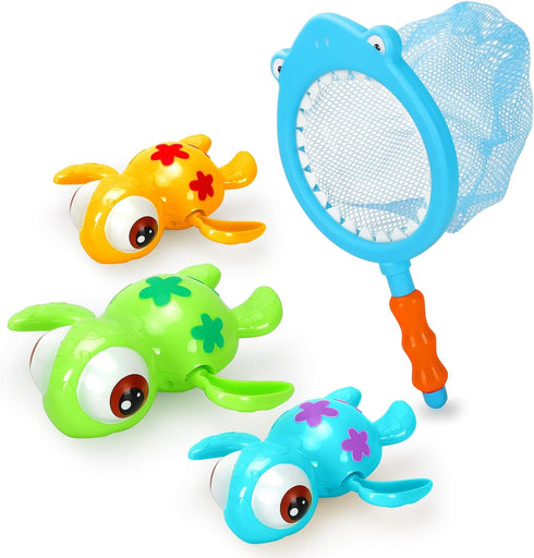 Bath Toys Set for Toddlers 1-3 Kids 4-8, 3Pcs Wind Up Swimming Turtle Water Toys with 1Pcs Shark Fishing Net, Floating Wind Up Turtle Bathtub Toys...