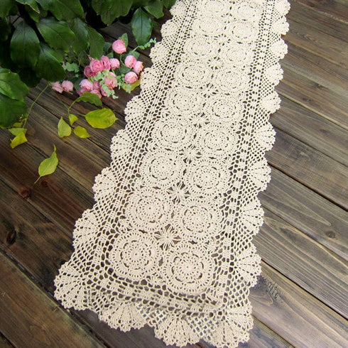 KEPSWET Cotton Handmade Crochet Lace Table Runner Beige Rectangle Coffee Table Dresser Decor (14x72 inch)...
