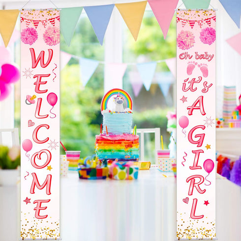 Blulu Baby Shower Decorations 71 x 12 Inch Welcome It Is a Girl Banner Backdrop Background Door Hanging Porch Sign for Baby Shower Gender Reveal P...