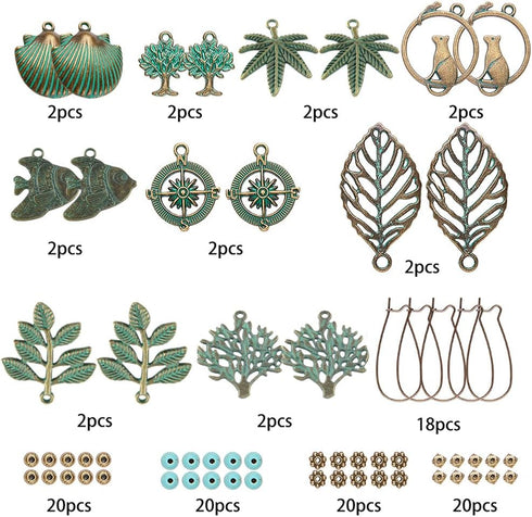 SUNNYCLUE 1 Box DIY 9 Pairs Metal Hollow Bohemian Vintage Dangle Earrings Jewelry Making Starter Kit Alloy Green Patina Tree Leaf Coin Sea Horse C...
