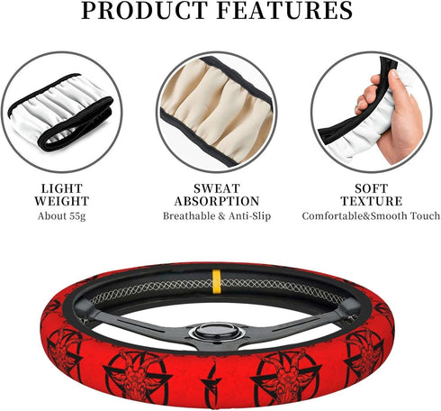 Red Satanic Pentagram Elastic Steering Wheel Cover, Universal 15 Inch Fit, Neoprene Rubber Car Steering Wheel Covers, Anti-Slip Car Accessories Fo...