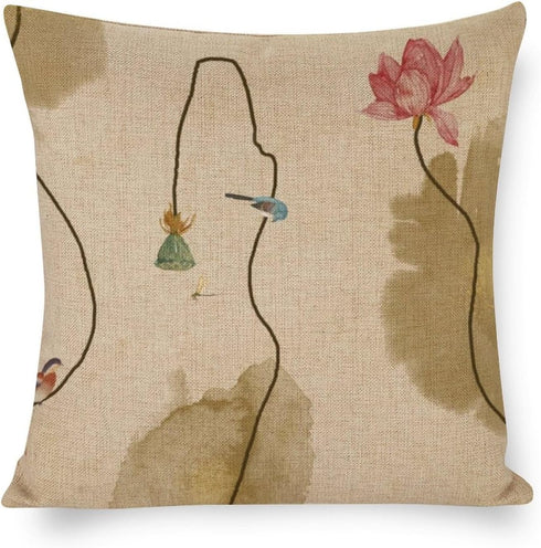 Chinoiserie Throw Pillow Cover Lotus Ink Painting Flowers Pillow Cases Farmhouse Home Decor for Room Couch Patio Porch Outdoor 18"x18"...