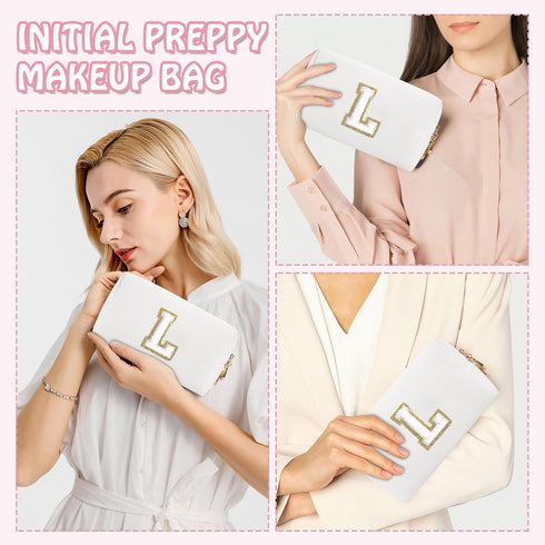 Personalized Initial Preppy Travel Makeup Bag Organizer, Small White Cute Cosmetic Bag Toiletry Zipper Pouch for Women, Portable Waterproof PU Mak...